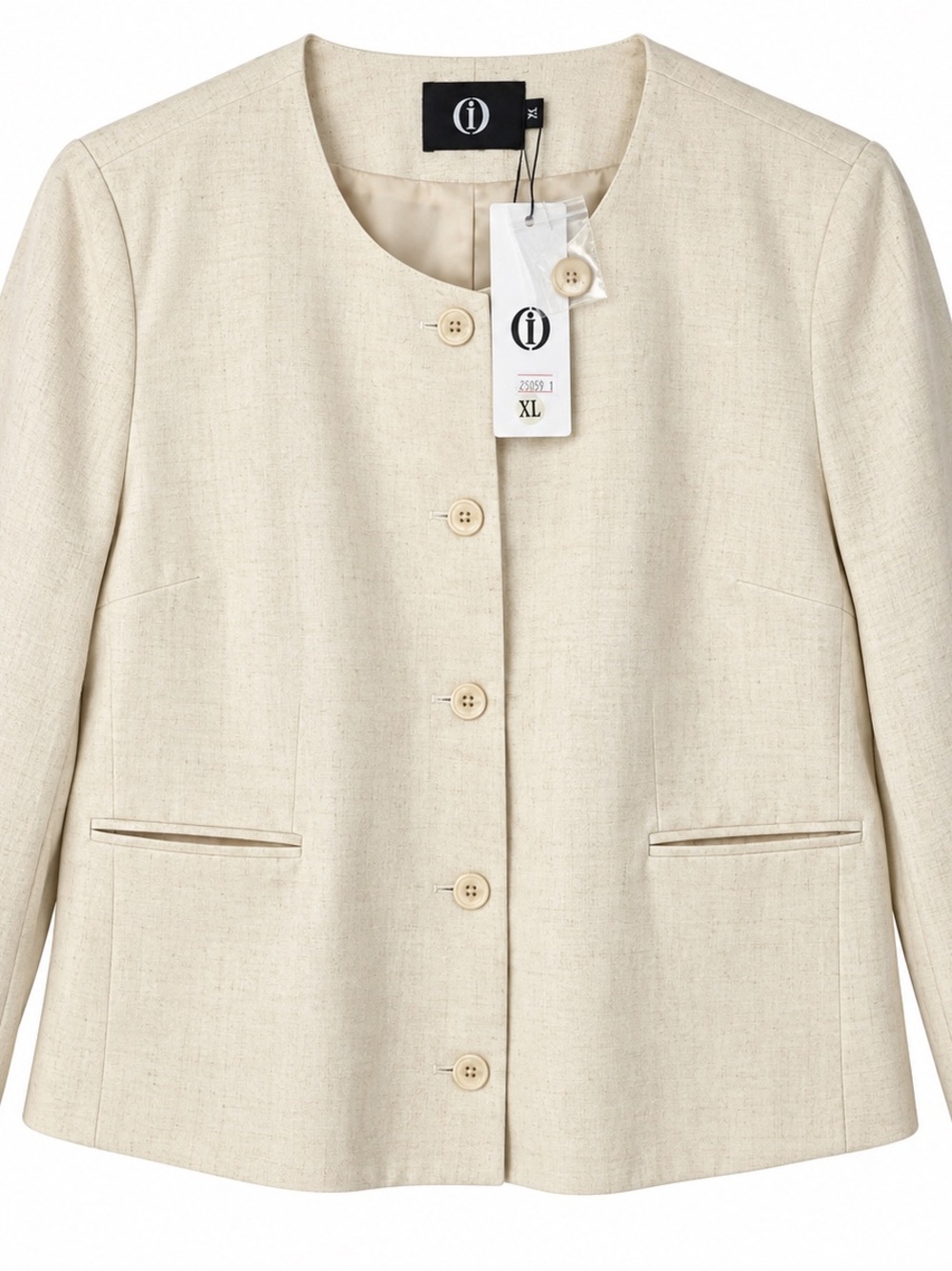 NWT iO Moda Cream Cotton Linen Collarless Cropped Blazer Jacket Womens XL